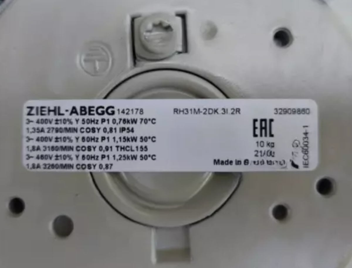Ziehl-abegg Fan RH31M-2DK.3I.2R 142178 Centrifugal Fan 3~ 400V 50/60Hz 0.76KW 1z