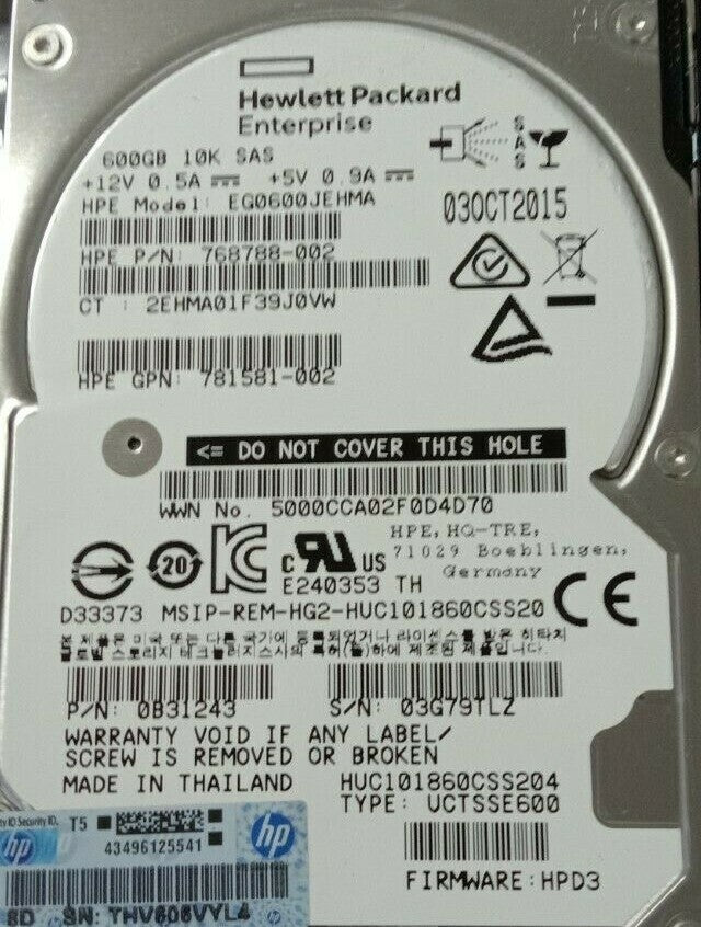 HPE 600GB 12G 10K SAS 2.5" 781577-001 Hard Drive EG0600JEHMA + G8 G9 Caddy