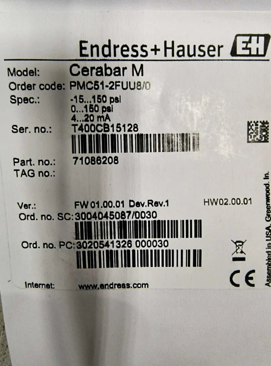 Endress Hauser Cerabar M Pressure Transducer PMC51-AA12ID1PGFR1JA 71086208