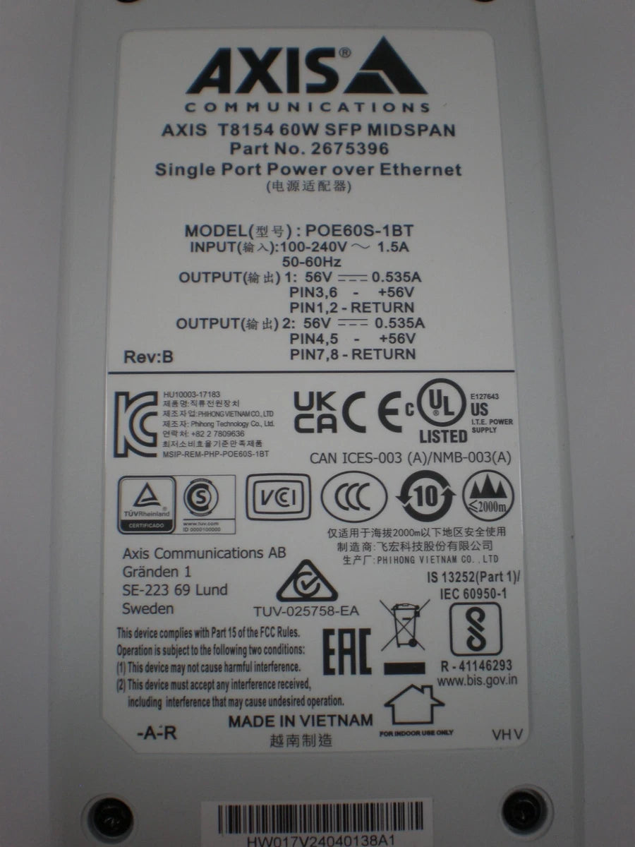 AXIS COMMUNICATION, T8154 60W SFP MIDSPAN, POE60S-1BT, 2675396, 56V
