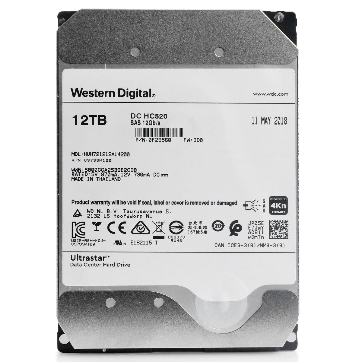 WD Ultrastar HC520 12TB HUH721212AL4200 0F29560 7.2K RPM SAS 12Gb/s 4Kn 3.5" HDD