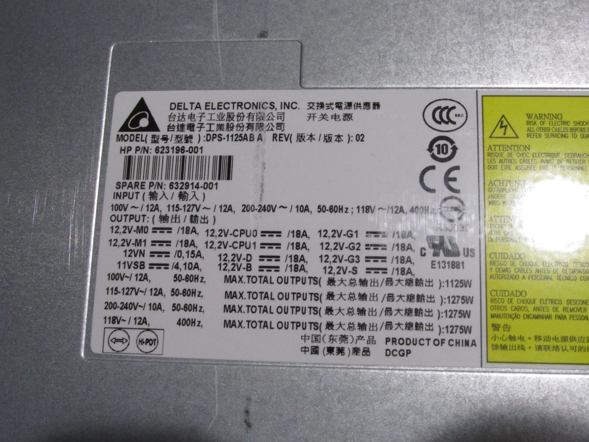 HP Delta 1125W Power Supply [623196-002 716646-001 DPS-1125AB] Z820 Workstation