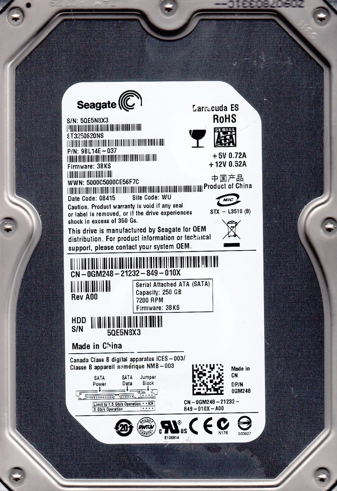 Seagate 250GB ES 7200rpm 16MB Cache SATA 3.0Gb/s 3.5" Hard Drive - ST3250620NS (Like New)