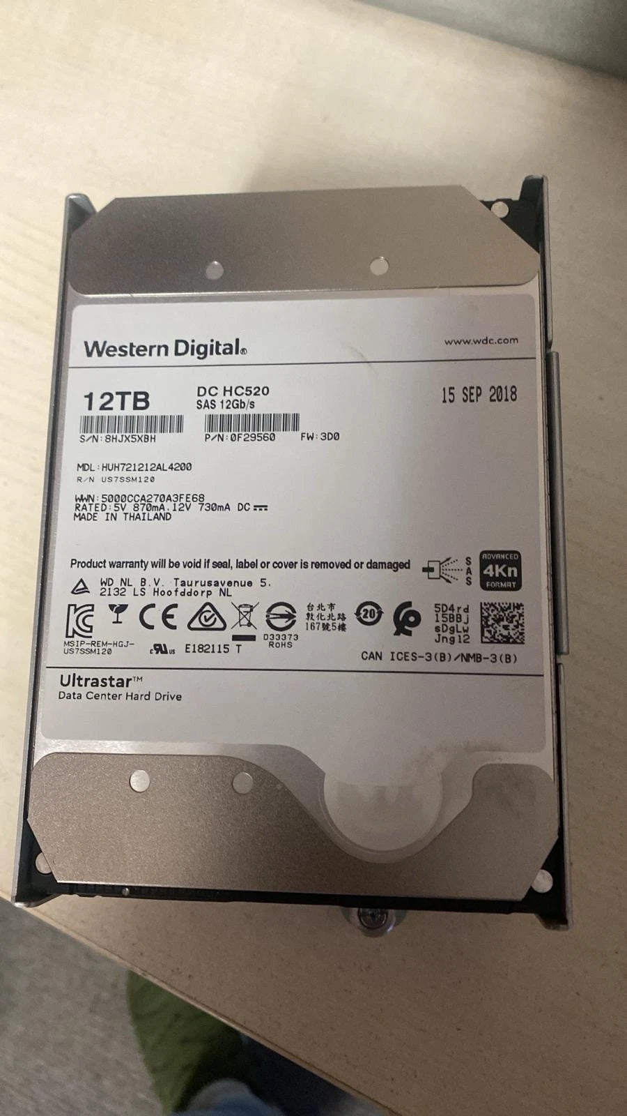 WD Ultrastar DC HC520 12TB SAS 12Gb/s 3.5'' ENTERPRISE HD DELL HP SERVERS R740