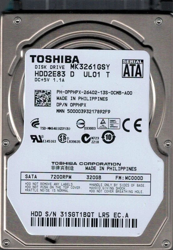 Toshiba 320GB 7200rpm SATA 2.5" Internal Laptop Hard Drive - MK3261GSY