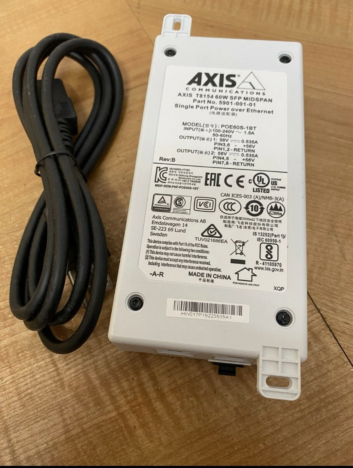 AXIS 5901-001-01 T8154 PoE 1-port SFP midspan 60W Power over Ethernet DC Power