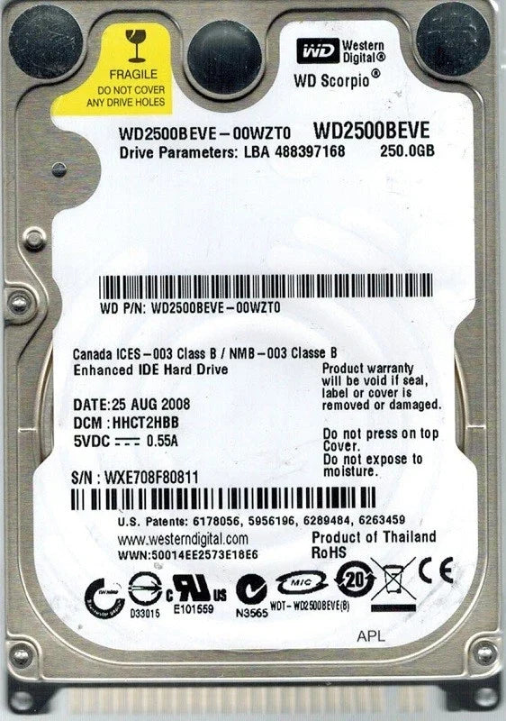 Western Digital 250GB Scorpio Blue 5400 RPM 8MB Cache 2.5" PATA Internal Notebook Hard Drive - WD2500BEVE