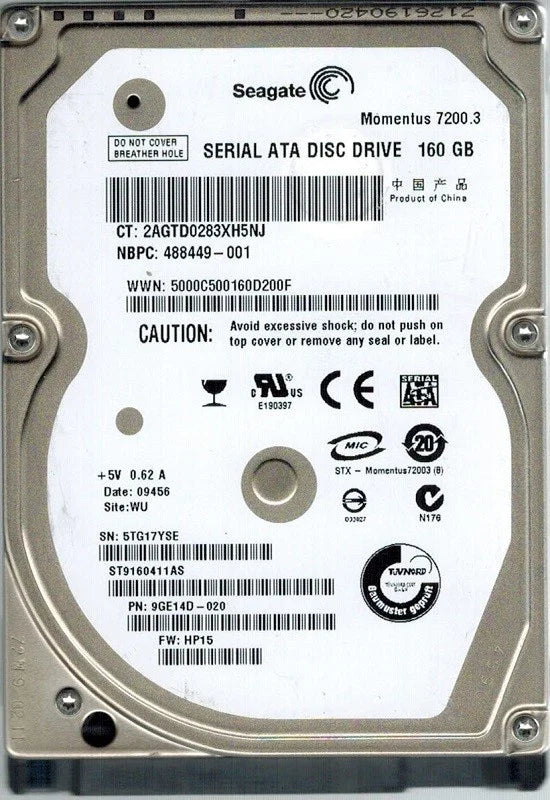Seagate 160GB 7200.3RPM 16MB Cache SATA 3.0Gb/s 2.5" l Notebook Momentus Hard Drive - ST9160411AS (Like New)