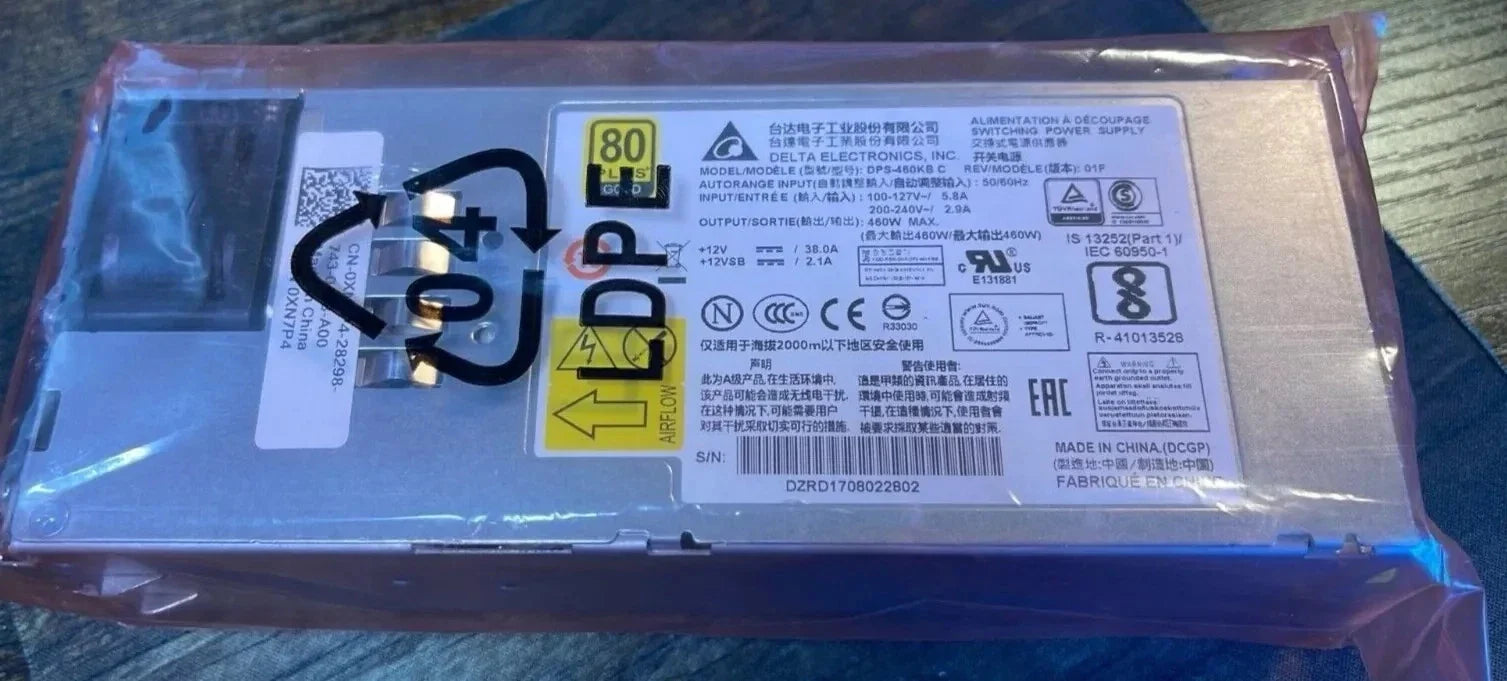 Delta 460W DPS-460 KB C (Dell# 0XN7P4)  (FXX460GCRPS) AC 80 Plus Gold Hot Plug Back to Front Airflow Power Supply