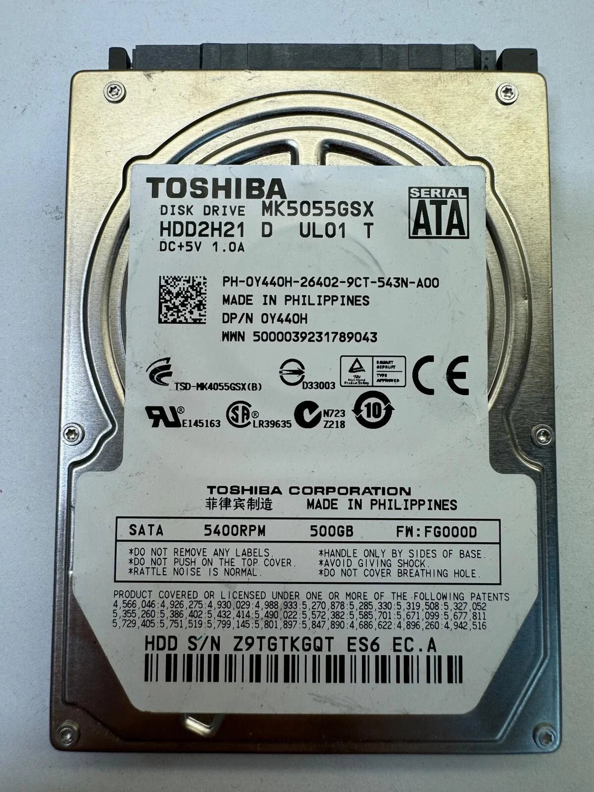 Toshiba 500GB 5400 RPM 8MB Cache 2.5" SATA 3.0Gb/s Internal Notebook Hard Drive - MK5055GSX