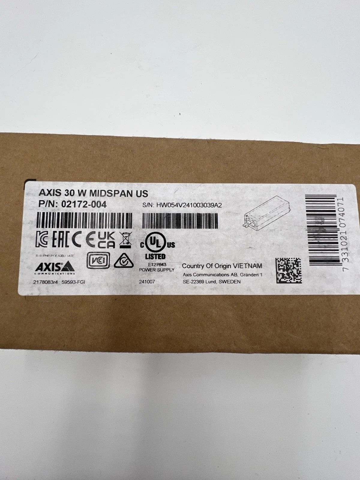 AXIS 30 W Midspan P/N: 02172-004 POE INJECTOR PLUG and PLAY 10/100/1000 Mbps