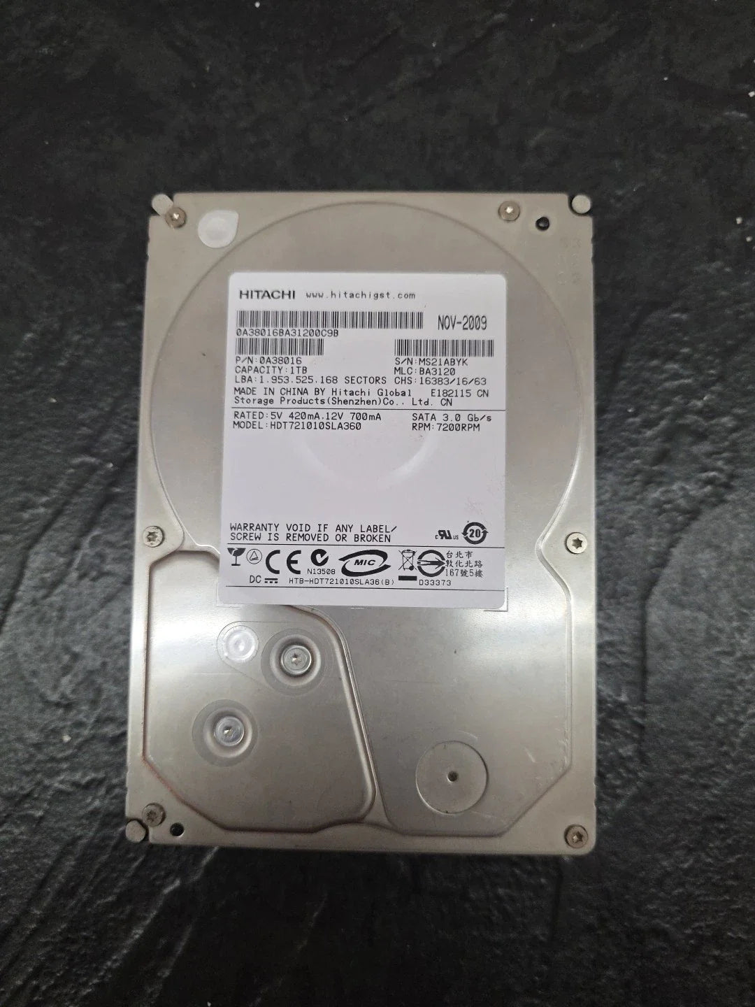 Hitachi 1TB (0A38016) 7K1000.B 7200 RPM 16MB Cache  SATA 3.0Gb/s 3.5" HDT721010SLA360 Desktop Hard Drive