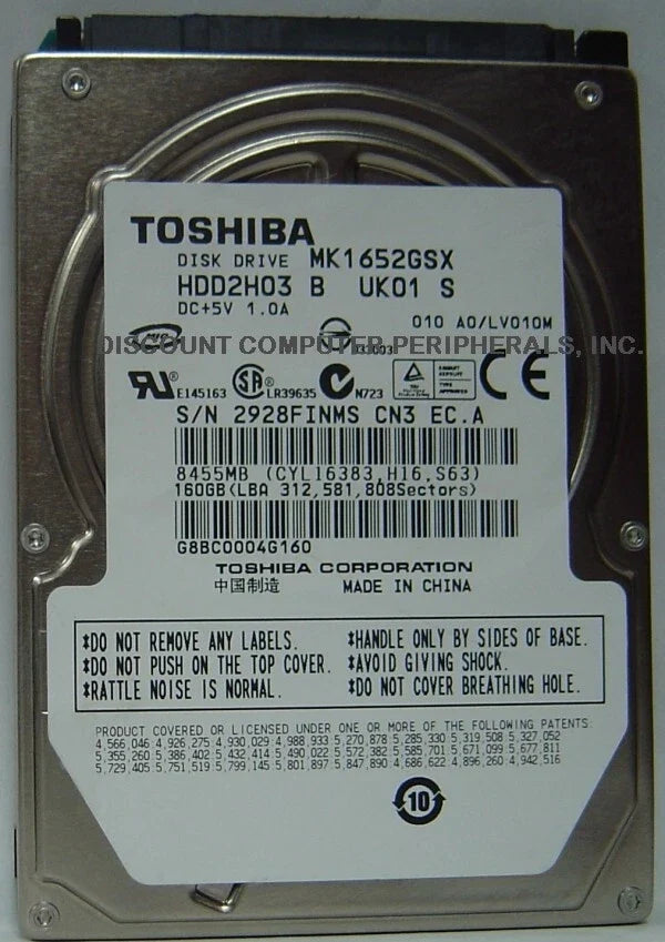 Toshiba 160GB 5400rmp 8MB 2.5" SATA 300MB/sec Laptop Hard Drive - MK1652GSX