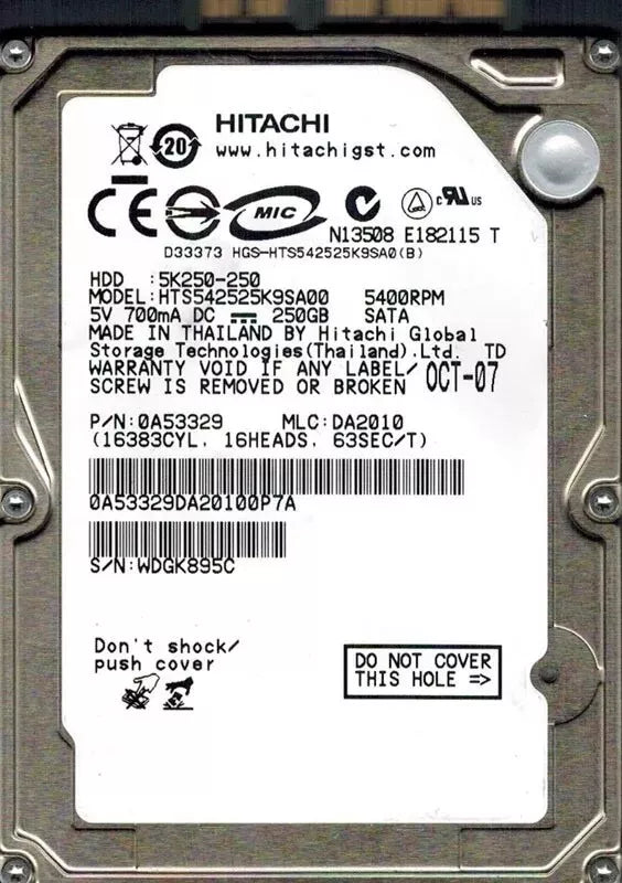 Hitachi 250GB 0A53329 / 0A54876 Travelstar 5K250 (HTS542525K9SA00) 5400 RPM 8MB Cache 2.5" SATA 1.5Gb/s Notebook Hard Drive