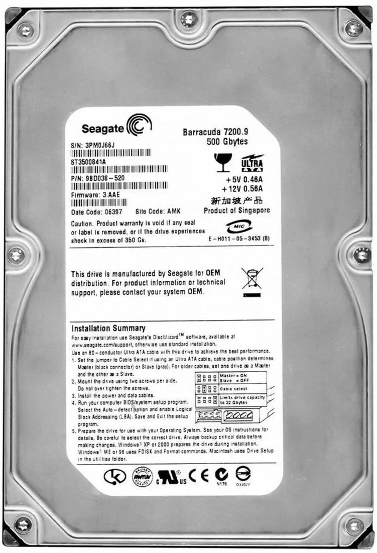 Seagate 500GB 7200rpm ATA-100 8MB Cache Hard Drive - ST3500841A