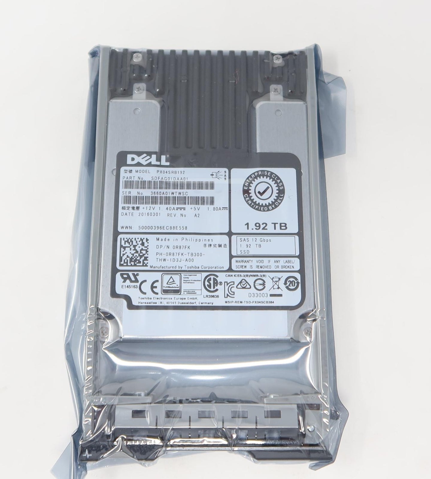 0R87FK PX04SRB192 Dell 1.92TB 12G SAS MLC SSD in 3.5" Caddie