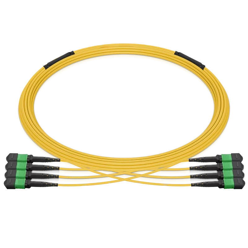 Pre-terminated MPO 4x4 Shuffle Trunk Cable, 32 Fibers, 4 x MPO-8 APC (Male) to 4 x MPO-8 APC (Male), Single Mode (OS2), Type 4, LSZH, 0.35dB Max, Breakout 80cm, Yellow