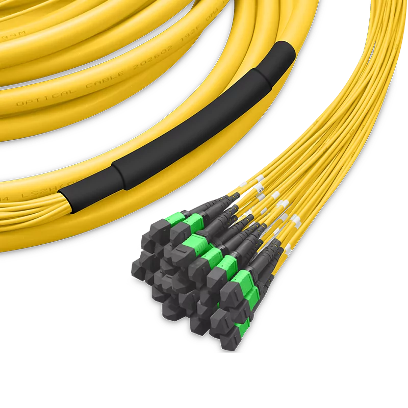 Pre-terminated MPO 4x4 Shuffle Trunk Cable, 256 Fibers, 32xMPO-8 APC (Male) to 32xMPO-8 APC (Male), Single Mode (OS2), Type 4, LSZH, 0.35dB Max, Breakout 80cm, Yellow