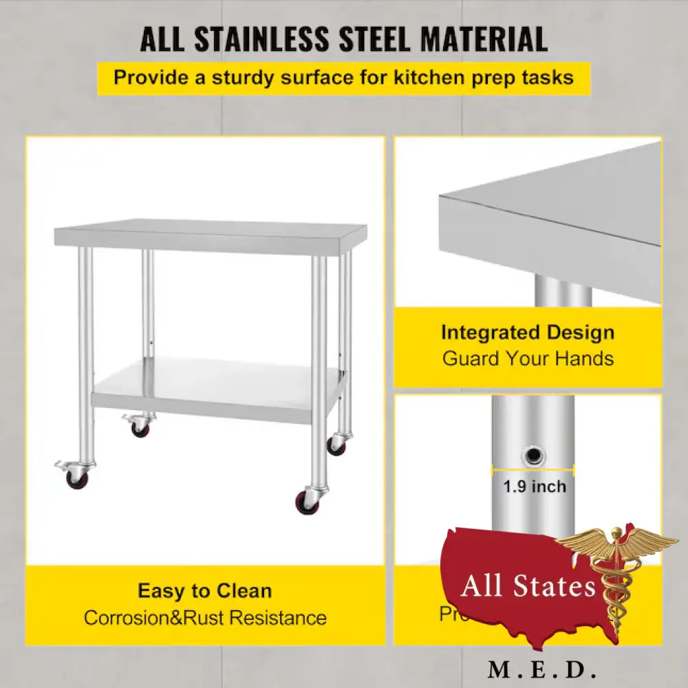 Stainless Steel Cart 36 x 30 x 34 Inch, 700 LBS Load