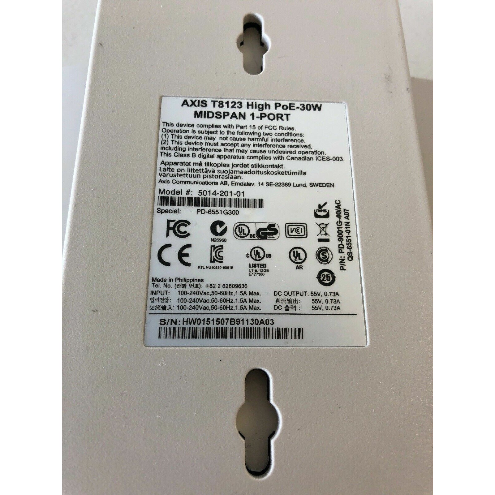 AXIS T8123 POE 30W Midspan 1 PORT P/N 5014-201 - AloinfoUSA