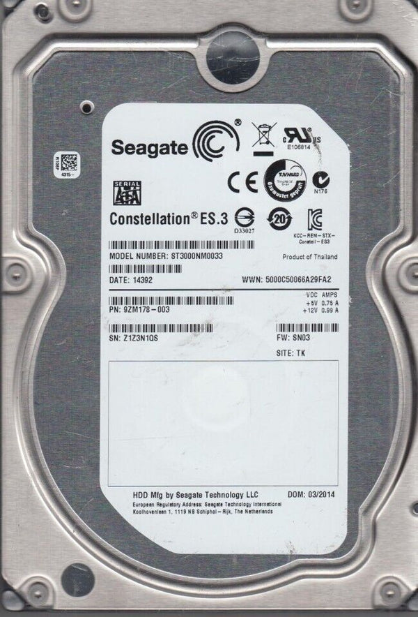 ST3000NM0033 SEAGATE 3TB 7.2K SATA 3.5" 6Gbps HDD CONSTELLATION ES.3 763649030028 - AloTechInfoUSA