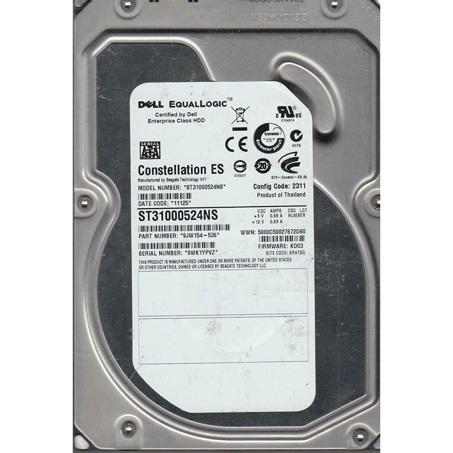 Dell ST31000524NS, 9WK, KRATSG, PN 9JW154-536, FW KD03, Dell 1TB SATA 3.5 Hard Drive 763649027080