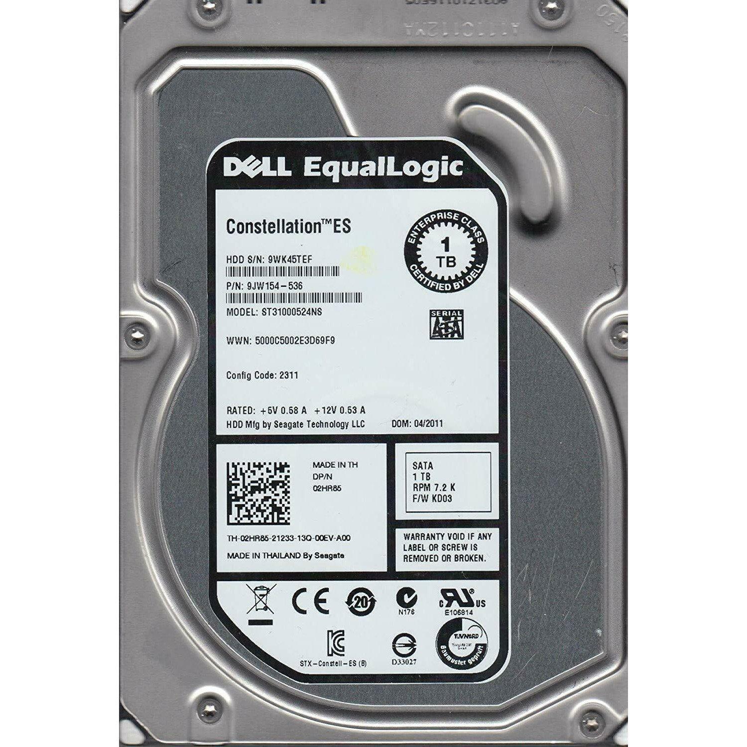 Dell ST31000524NS, 9WK, KRATSG, PN 9JW154-536, FW KD03, Dell 1TB SATA 3.5 Hard Drive 763649027080