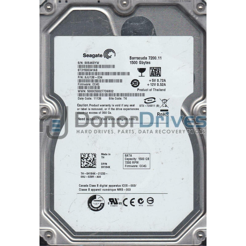 ST31500341AS, 9VS, TK, PN 9JU138-034, FW CC4G, Seagate 1.5TB SATA 3.5 Hard Drive-FoxTI